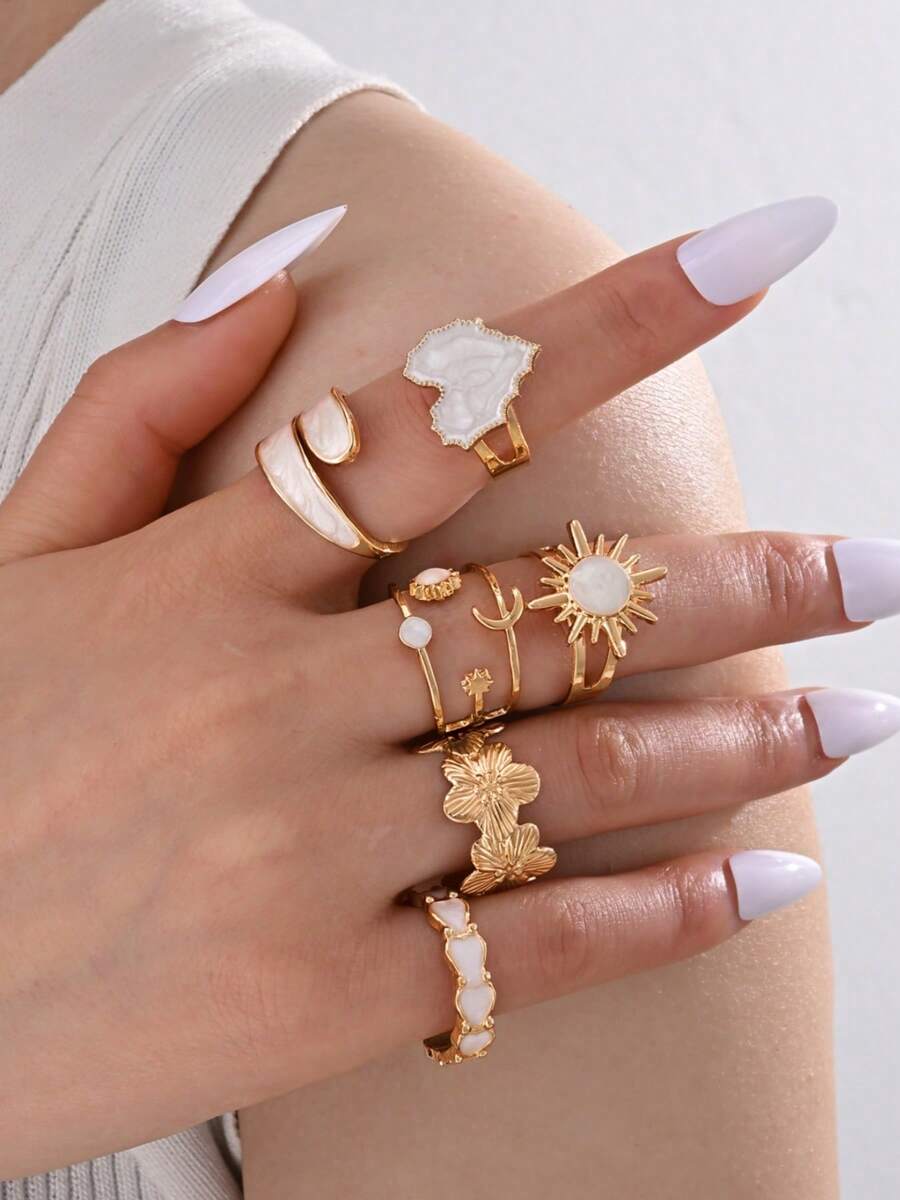 6件套波西米亚风简约时尚油滴向日葵叠戴戒指套装，适合女性、情侣、度假、约会、日常休闲、派对、情人节礼物