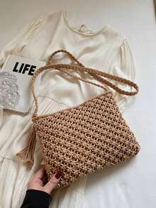 Bolso bandolera tejido bohemio de color sólido, bolso cuadrado pequeño tejido a la moda, adecuado para vacaciones en la playa, compras urbanas, elección perfecta para vacaciones en la playa, - Marrón - Ver 9