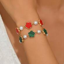 2 piezas Pulseras de metal esmaltado con dije de trébol minimalista y elegante, uso versátil diario para mujeres - Multicolor - Ver 1