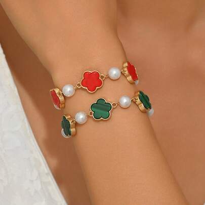 2pcs Minimalist Elegant Metal Enamel Clover Charm Bracelets, Versatile Daily Wear For Women