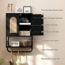 Rattan Bathroom Wall Cabinet, Boho Over The Toilet Storage Cabinet With Arched Rattan Doors, Modern Medicine Cabinet With Adjustable Shelves & Towel Bar, Small Rustic Oak Bathroom Organizer - Black - View 8