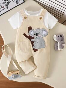 Set de 2 piezas de camiseta de manga corta y pantalón tipo babero con bordado de koala lindo y de dibujos animados para bebé, para verano - Albaricoque - Ver 3