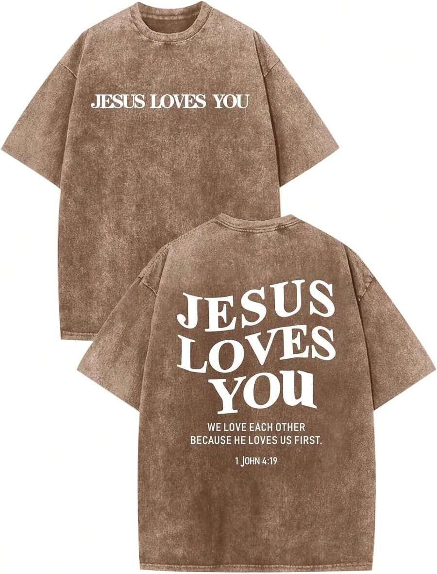 [100% Cotton]  Christian Jesus Loves You Shirts For Men Religious Oversized  Jesus Faith Acid Wash T Shirt God Top Unisex Women's & Men's Campus Daily - 棕色 - 查看 1