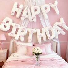 37pcs 16-Inch White Birthday Banner With Pink Bow Shaped Foil Balloon Set, Suitable For Birthday Party Decoration - View 3