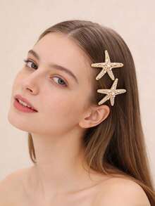 1件海洋系列女士发饰INS星形发夹珍珠海星压力夹 - 金色 - 查看 8