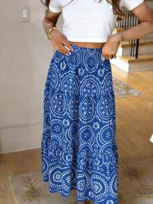 女士舒适弹力腰带多层褶裥轻盈A字裙，春秋季 - 藍色 - 查看 1