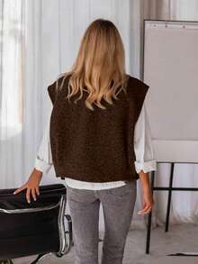 Women's Casual Loose Solid Color Fuzzy Sleeveless Cardigan Knit Sweater, Autumn/Winter - Chocolate Brown - View 6