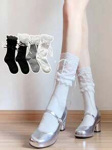 1/2/4 双装 女士蕾丝荷叶边蝴蝶结芭蕾舞风格多功能船袜 - 彩色 - 查看 18