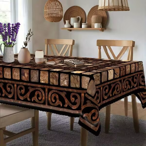 Vintage Stone Pattern Tablecloth | Brown With Ornate Floral Design, Polyester, Rectangular, Machine Made, Perfect For Traditional And Rustic Home Decor, Dining Table And Indoor Decoration, Multiple Sizes Available, Ultrasonic Embossing