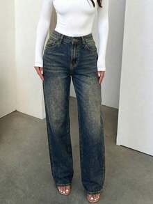 Plus Size Women Retro Minimalist Elastic Waist Loose Straight Leg Jeans Casual - Navy Blue - View 1