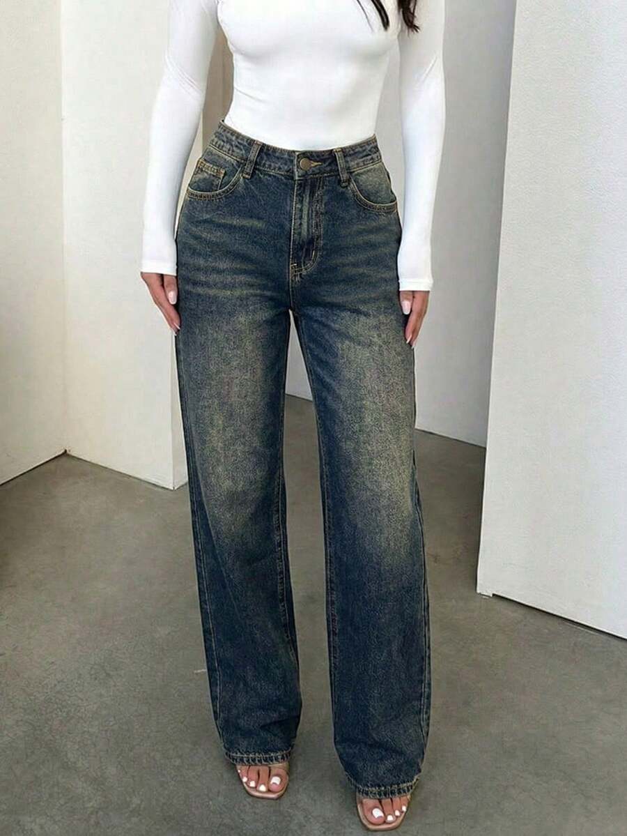 Plus Size Women Retro Minimalist Elastic Waist Loose Straight Leg Jeans Casual - Navy Blue - View 1