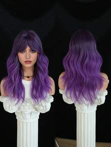 7JHH WIGS 中长款紫色波浪假发，20英寸蓬松卷曲刘海，高密度全机织耐热纤维合成假发，适合角色扮演、万圣节、嘉年华、音乐节等派对佩戴。 - 紫羅蘭色 - 查看 6
