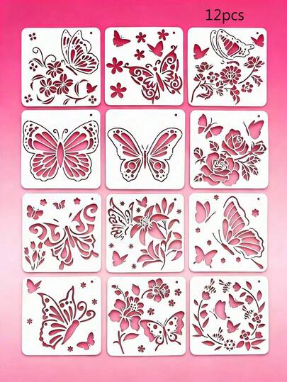 12 khuôn mẫu hình hoa bướm rỗng, bảng mẫu vẽ tranh nghệ thuật sáng tạo cho học sinh, tranh treo tường DIY, album ảnh, gốm sứ, vải, gỗ, sổ kế hoạch, hộp quà, thiệp trang trí, chất liệu nhựa tái sử dụng, có thể giặt được.