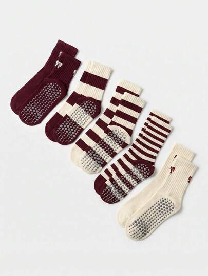 1/5 par de calcetines deportivos para mujer, calcetines a media pierna con rayas y lazo, adecuados para danza, pilates y deportes interiores, calcetines de yoga antideslizantes, serie roja de Angola