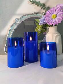3pcs Flameless Candle Lights With Remote Control/Timer, Battery Operated Blue Warm Light Candles, Suitable For Christmas, Halloween, Valentine's Day, Mother's Day, Gifts, Birthday, Proposal, Wedding, Dining Table, Party - Blue - Warm Light - View 3