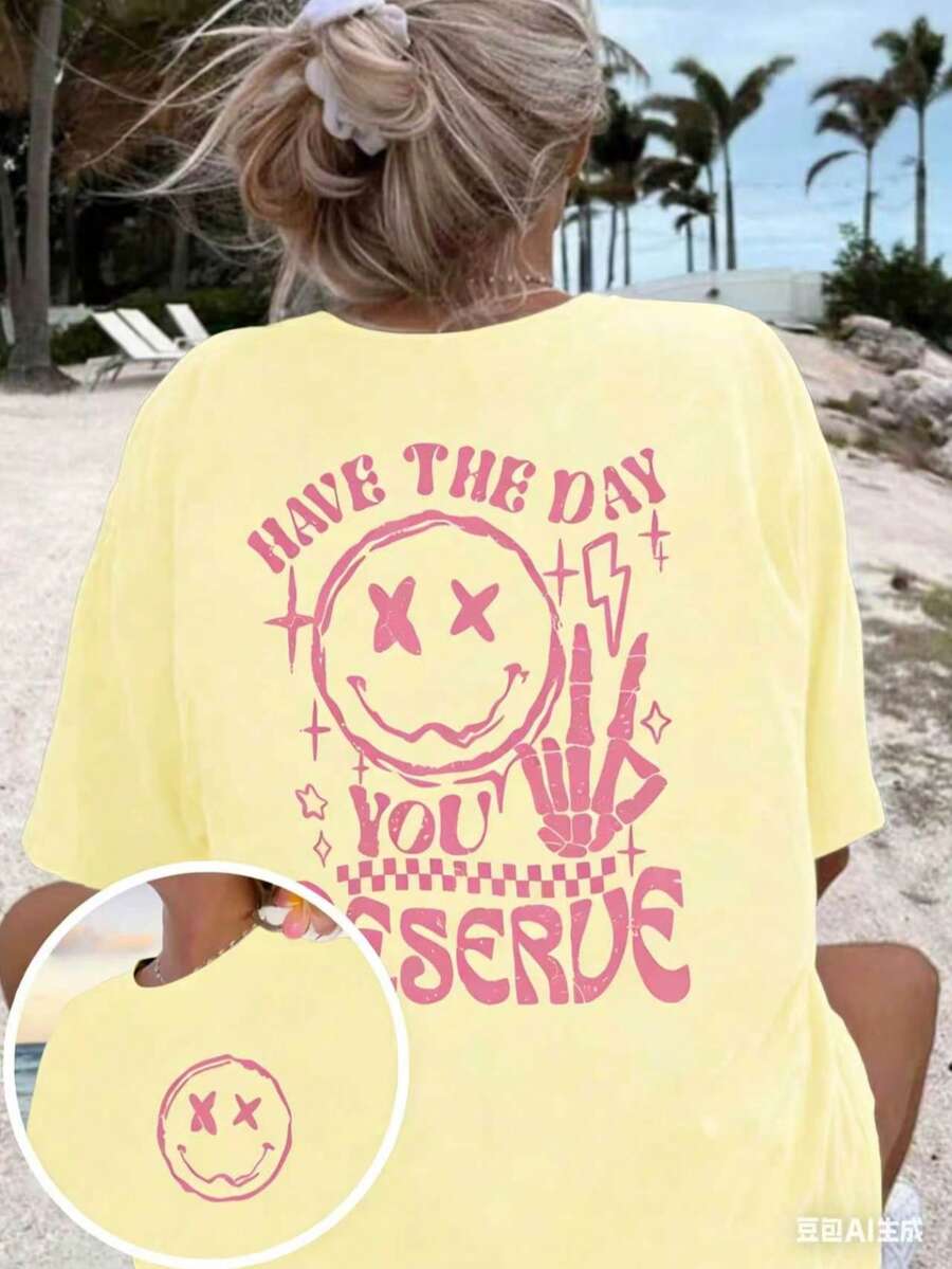 Women's 'Have A Day You Deserve' Graphic T-Shirt - Black, Breathable Short Sleeve Crew Neck Top With Happy Face And Letter Design, Casual Summer Wear - 黃色 - 查看 1