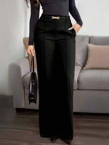 Jessfin Solid Color Zippered Pocket Suit Fabric Straight Leg Pants, Waistband-Less, Commuting Elegant Office Casual Versatile, Spring/Summer - Black - View 3