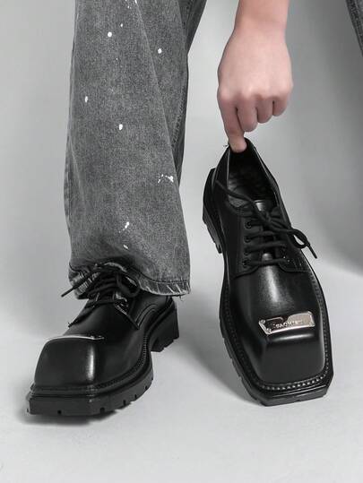 Black Square Toe Thick Sole Lace-Up Formal Shoes, Retro Small Leather Shoes, Subculture Punk Rock Serrated Sole Men's Casual Loafers, Wedding & Office Shoes