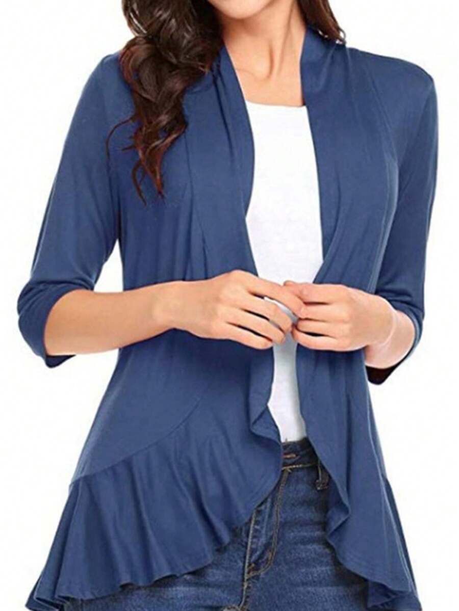 Women Spring Autumn Cardigan Tops, 3/4 Sleeve Casual Solid Color Ruffled Hem Thin Tops Coat - Navy Blue - View 1