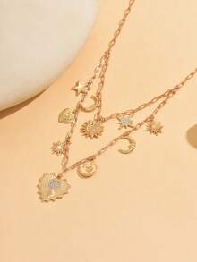 1pc Creative Multi-Element Pendant Necklace, Fashionable Elegant Heart, Star, Moon Design, Versatile For Daily Wear, Vacation, Party, Adjustable Chain Length - Gold - View 3
