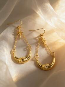 1 Pair Vintage Exotic Starburst & Crescent Moon Chain Earrings, Versatile Daily Wear For Women - Gold - View 2