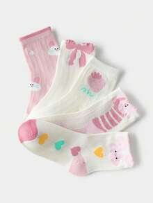 5双儿童袜子，卡通粉色蝴蝶结图案，女童幼儿袜，百搭日常休闲穿搭，心形和兔子图案 - 彩色 - 查看 5