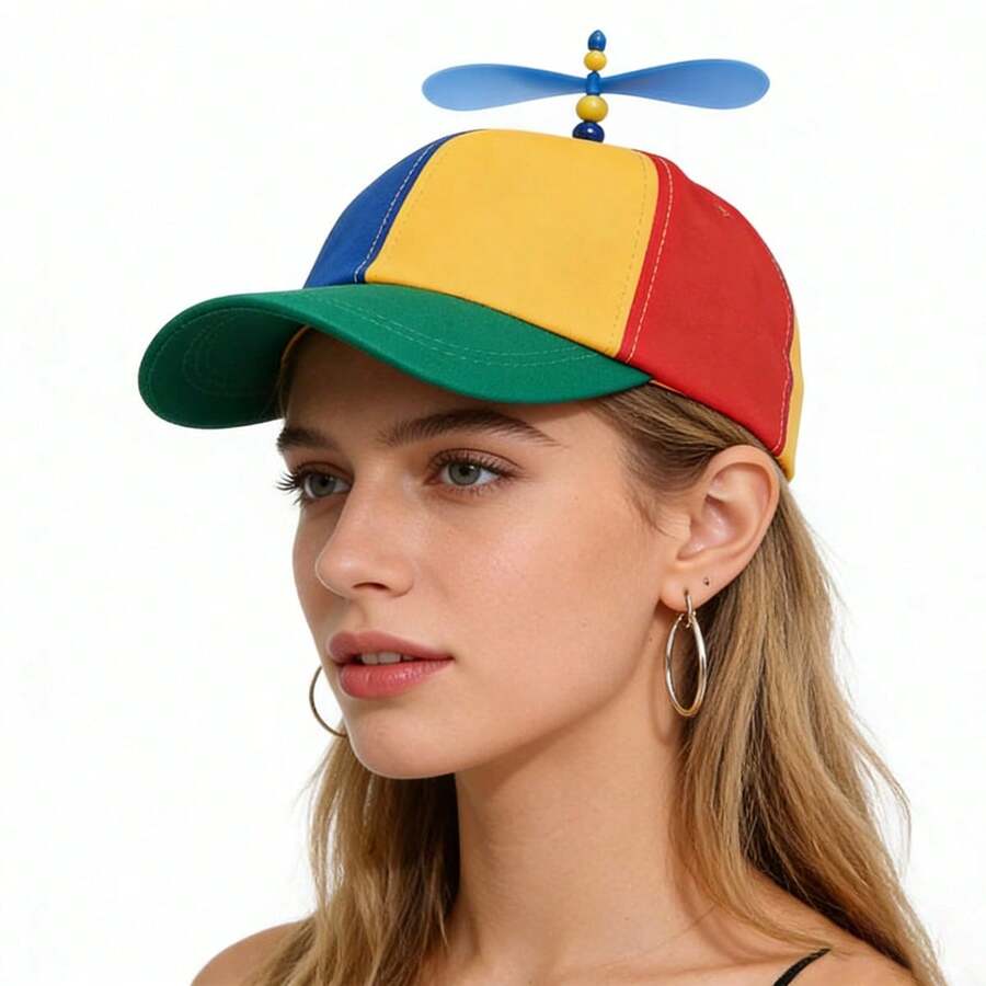Cotton Colorblock Propeller Rotating Bucket Hat For Men And Women, Outdoor Travel Windproof Hat, Rainbow Colorblock Casual Sun Protection Hat, Fashion Bucket Hat - A - View 1