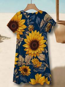 Sunflower Print V Neck Short Sleeve Midi Dress Women Summer Beach Floral Dress Casual Elegant Fit And Flare Dress For Women - 彩色 - 查看 4