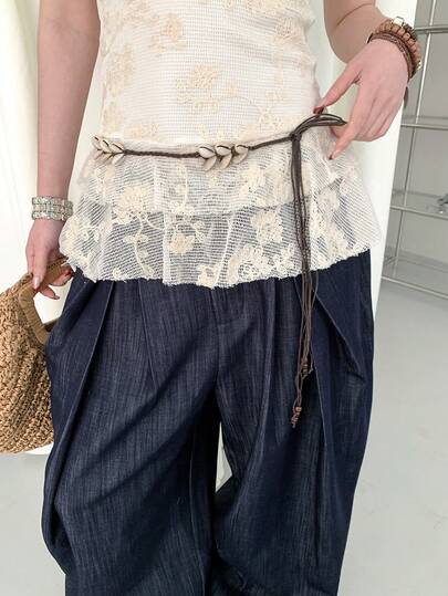 1pc Coffee Color Polyester Material Vintage Shell Decor Minimalist Waist Rope For Women