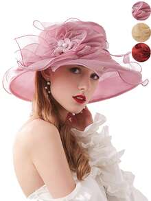 1 chiếc mũ organza dành cho nữ dự lễ hội Kentucky Derby, có thể tháo rời phụ kiện hoa cài đầu, mũ rộng vành bằng ren hoa organza, mũ rơm kiểu Pháp cho cô dâu dự tiệc cưới, đi biển, du lịch. - 1 CÁI - Xem 1