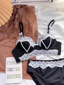 Belle Étoile Sexy Lace Lingerie For Women, Small Chest, Gathered Thin Style, Lift-Up, Anti-Sagging, Wireless, Bow Bra Set - màu đen - Xem 2