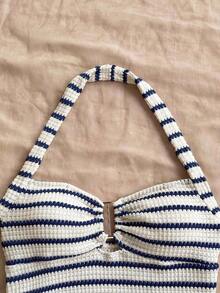 Conjunto Casual de 2 Piezas para Mujer: Top Halter a Rayas y Shorts para Vacaciones - Azul y blanco - Ver 5