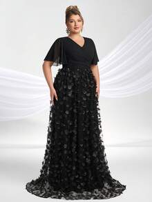 YISIKADO Plus Size Women's 3D Floral Premium Evening Gown With Bow Short Sleeve V-Neck Long Dress Elegant Formal Evening Party Wedding Guest Summer Dress - Black - View 3