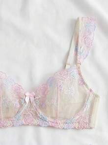 3件套女士性感梦幻炫彩刺绣文胸、吊袜带和内裤套装，薄纱内衣 - 膚色 - 查看 6