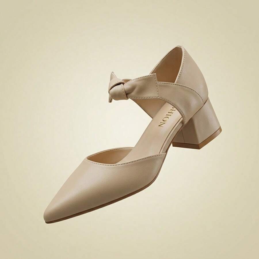 Elegantes zapatillas de mujer con tacón bajito y punta puntiaguda sofisticados tacones con moño decorativo de material PU suave cómodos zapatos para mujer para oficina calzado elegante de tacón grueso cuadrado transpirable y antideslizante versátil para diario zapatillas de tacon elegantes con lazo - Albaricoque - Ver 1