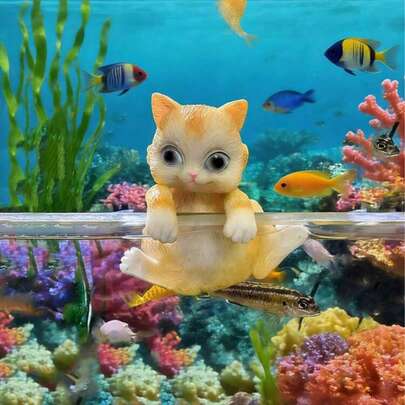 1pc Hanging Orange Cat Sculpture Aquarium Decor - Realistic Floating Cat Sculpture And Aquarium Decoration Designed For Pets