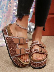 Gold Foil Fashion Crystal Thick Bottom Platform Slippers, Suitable For Spring And Summer - Brown - View 1