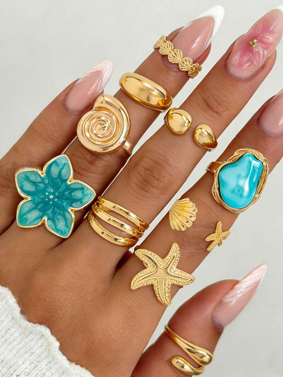 Set de 10 piezas de anillos de estilo vacacional con elementos múltiples como estrella de mar, esmalte azul, flor, vieira, geométrico, acabado liso, estilo Ins de aleación de flor - Dorado - Ver 1