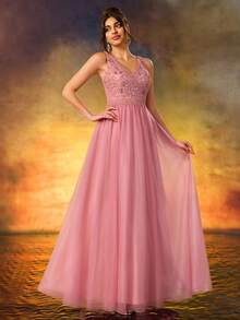 Mesh Patchwork Sequin Formal Evening Bridesmaid Dress Wedding Spring - Blush - View 5