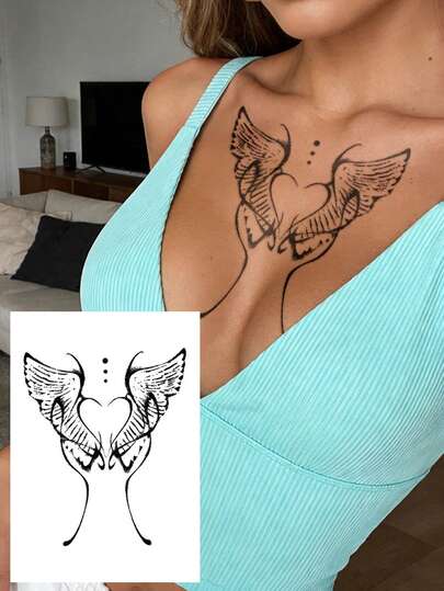 STARTTOOS Black Wings Holding Heart Temporary Tattoo Sticker, DIY For Anime Convention, Carnival, Music Festival, Valentine's Day, Party, Suitable For Wrist, Ankle, Shoulder, Neck, Collarbone, Waterproof & Realistic