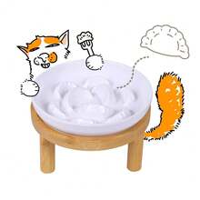 Slow Feeder Bowl, 6.3″ Elevated Cat Bowl With Stand, Melamine Wide Shallow Food Bowl, Whisker-Friendly Raised Plate, Wet Food Feeder For Slow Eating (White) - White1PackwithStand-6.3''Wx1.5''H - View 1