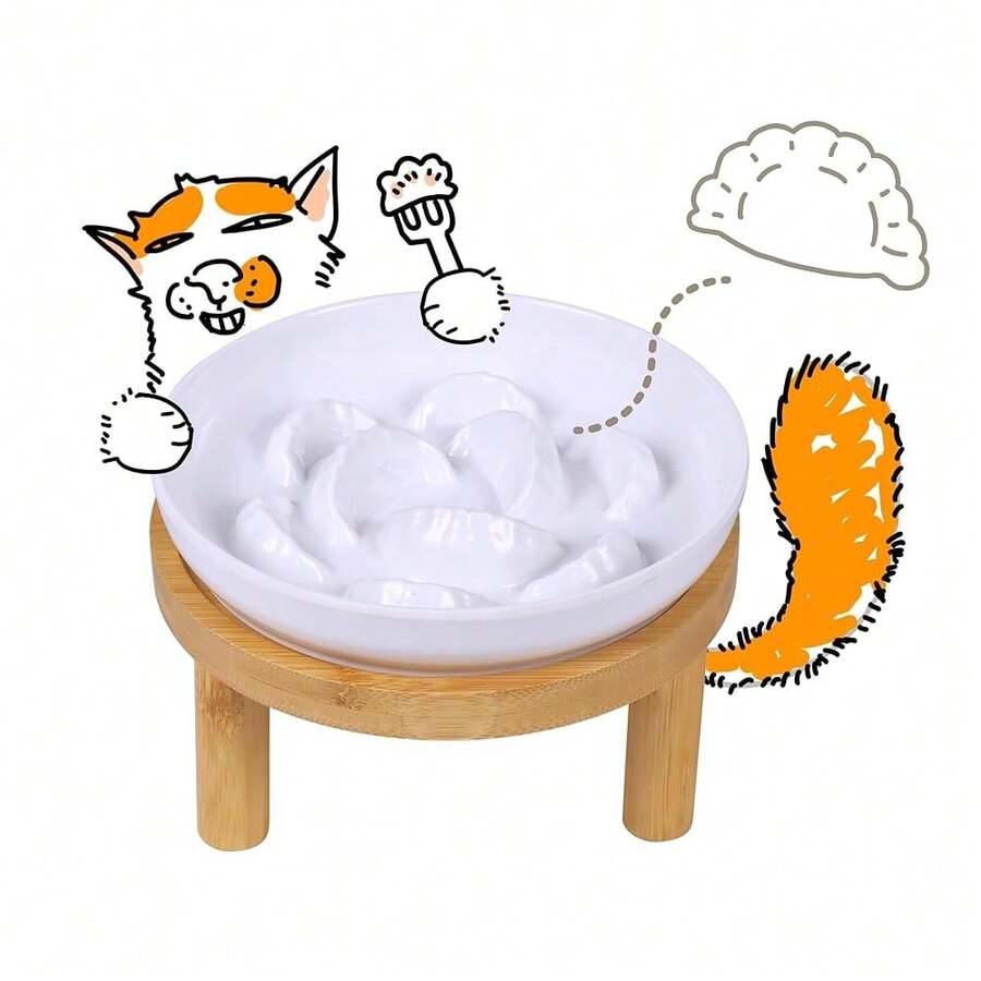Slow Feeder Bowl, 6.3″ Elevated Cat Bowl With Stand, Melamine Wide Shallow Food Bowl, Whisker-Friendly Raised Plate, Wet Food Feeder For Slow Eating (White) - White1PackwithStand-6.3''Wx1.5''H - View 1