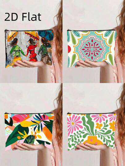 1pc Urban Artistic & Nature Themed Print Toiletry Bag, Covering Rainy Day Friendship, Mandala Patterns, Tropical Plant Abstract Art, And Matisse-Style Floral Designs, Portable Storage Pouch, Zipper Cosmetic Bag, Student Stationery Organizer, Daily Fashion Accessory