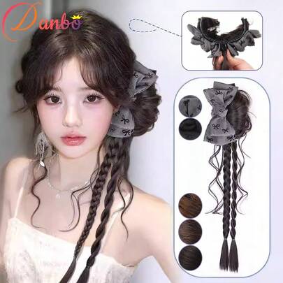 Women's Curly Fluffy Bun Wig With Bow & Dragon Whisker Design, Natural Voluminous, Easy To Wear, Suitable For Casual Hairstyles