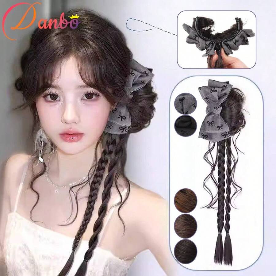 Tóc giả búi xoăn bồng bềnh dành cho nữ, có nơ và ria rồng, tạo độ phồng tự nhiên, dễ đội, phù hợp với kiểu tóc thường ngày. - Nhiều màu - Xem 1