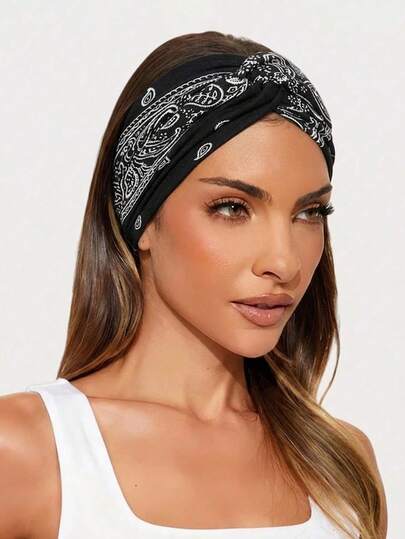 1件装加大码佩斯利花纹波西米亚风女士运动头带，弹性交叉印花发带，适合户外活动，时尚发饰，夏季度假波西米亚风配饰
