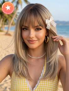 Ombre Brown Fashionable 16-Inch Figure-Eight Bangs Medium Long Straight Hair Synthetic Wigs: Natural-Looking And Heat Resistant For Party Cosplay Daily Use - Brown Ombre - View 1