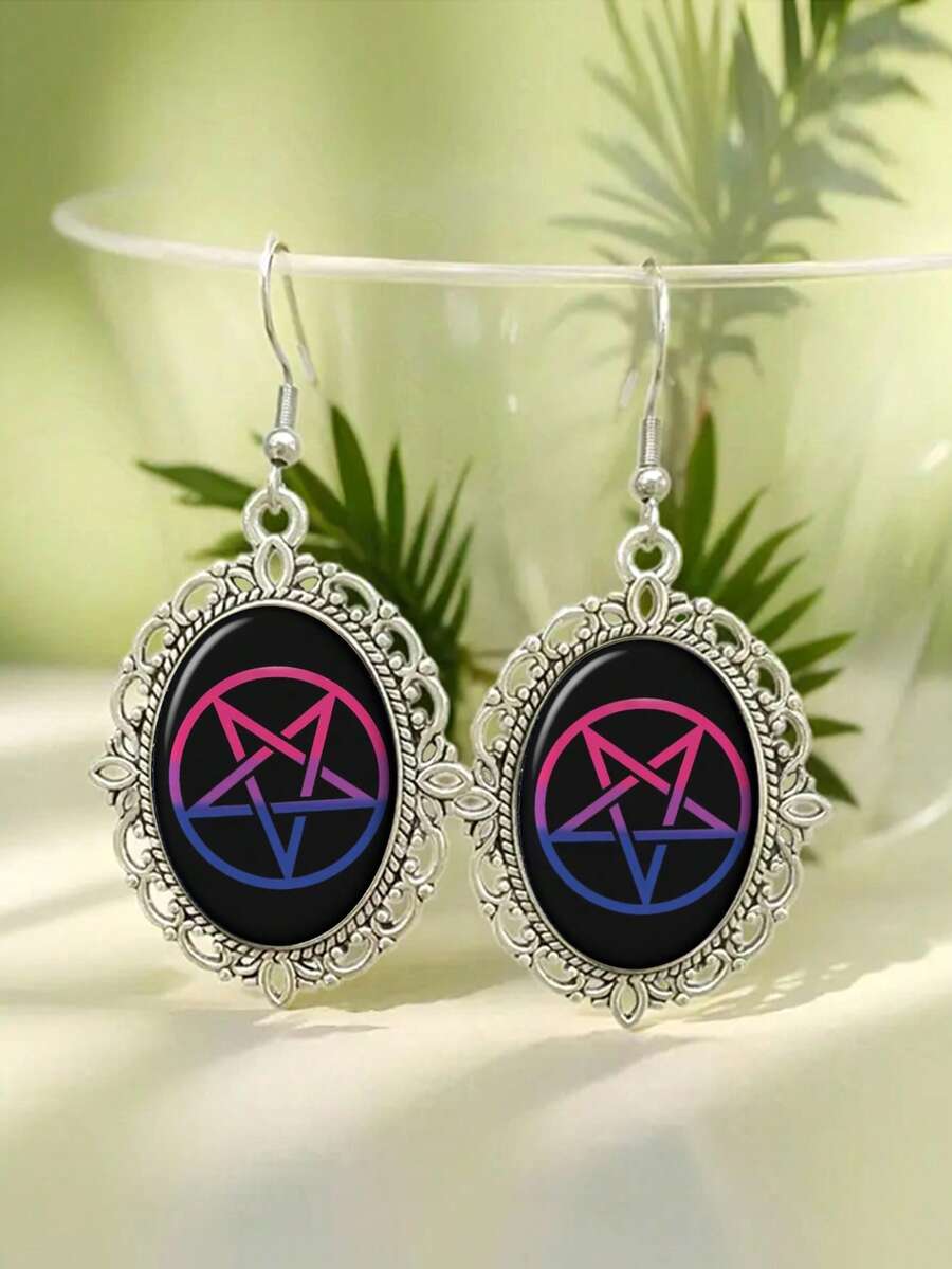 Satan Pentagram Earrings, Gothic Pride Flag, Bisexual Witch, LGBTQ Gift - Silver - View 1
