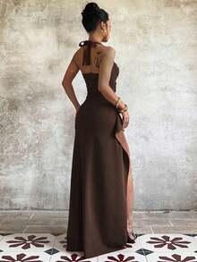 Elegant Sexy Solid Color Party Dress, Featuring Backless Design And High Asymmetric/Asymmetrical Slit Up To Thigh, Suitable For Weddings, Beach Vacations, Spring/Summer Wear - 棕色 - 查看 5
