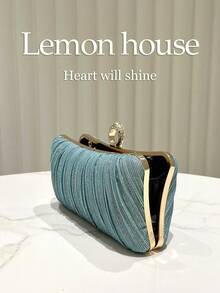 1pc Mint Green Shiny Pleated Elegant Small Clutch Bag, Formal Dress Bag With Rhinestone Chain, Fashion Clutch Purse For Evening Party, Wedding, Banquet, Suitable For Ladies - Mint Green - View 8